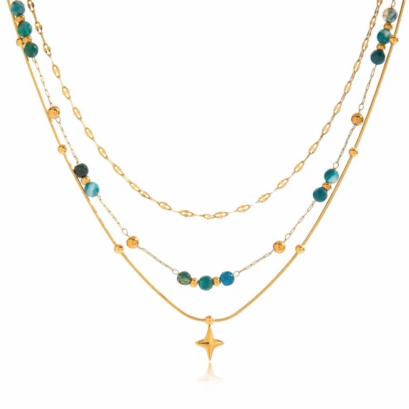 18K Gold Plated Blue Natural Stone & Star Layered Necklace - Picture 6 of 8